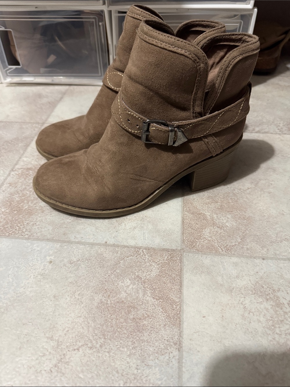 Women's Suede Buckle Ankle Booties in Brown